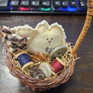 Handmade Cat In A Basket Of Thread, Straw And Buttons Decoration